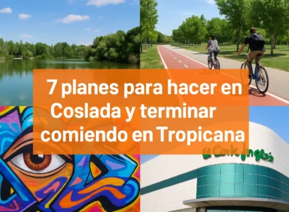 Collage de actividades en Coslada incluyendo parque con lago, ciclistas en carril bici, mural de arte urbano y fachada de El Corte Inglés, con texto “7 planes para hacer en Coslada y terminar comiendo en Tropicana”.