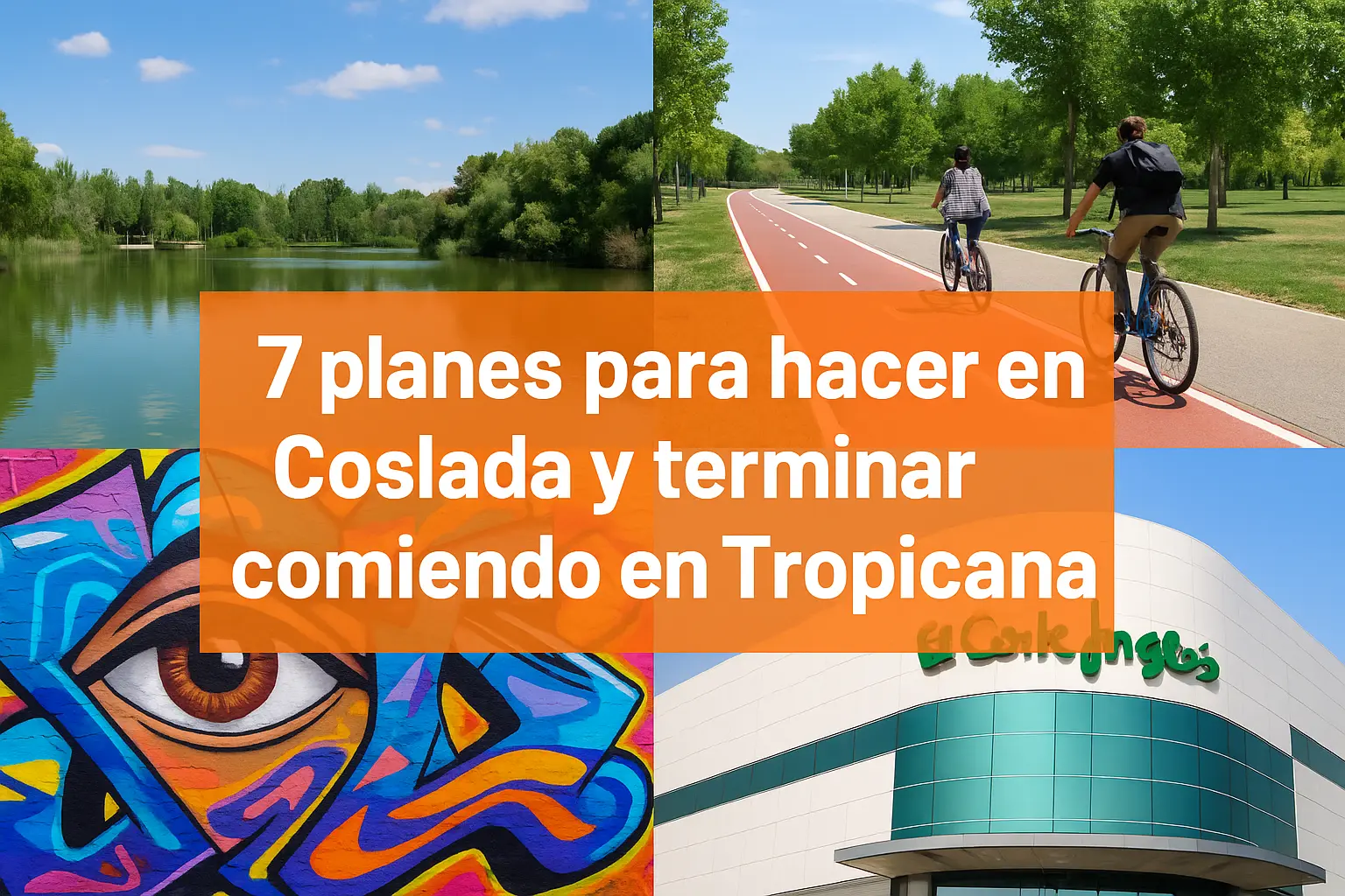 Collage de actividades en Coslada incluyendo parque con lago, ciclistas en carril bici, mural de arte urbano y fachada de El Corte Inglés, con texto “7 planes para hacer en Coslada y terminar comiendo en Tropicana”.