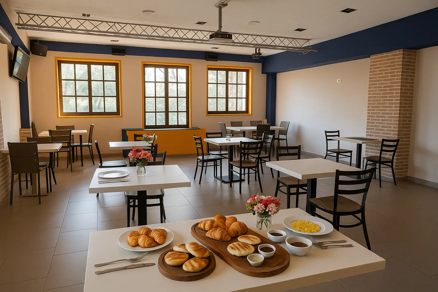 Salón privado preparado para brunch con mesa decorada, luz natural, platos típicos venezolanos y ambiente acogedor en restaurante de Coslada.