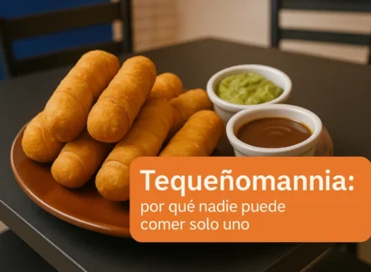 Ración de tequeños venezolanos recién hechos, crujientes y dorados, servidos con salsas caseras sobre mesa de madera en restaurante de Coslada.