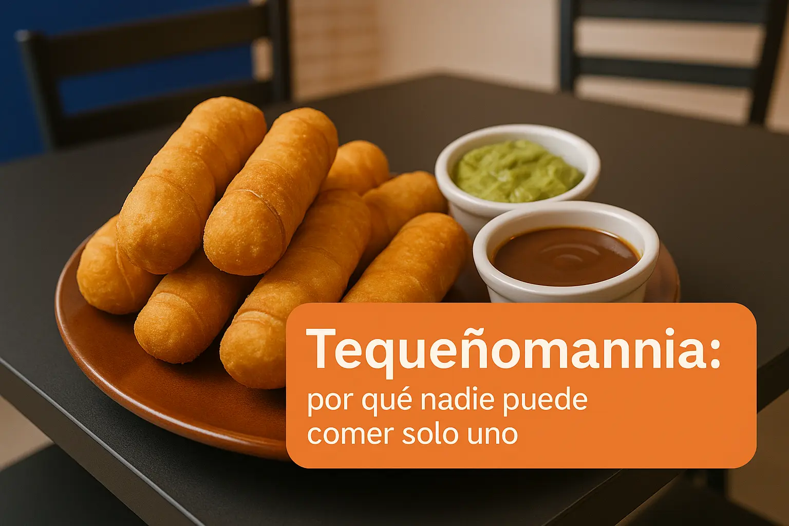Ración de tequeños venezolanos recién hechos, crujientes y dorados, servidos con salsas caseras sobre mesa de madera en restaurante de Coslada.